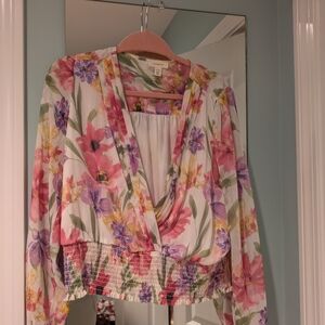 Cream Floral Wrap Blouse with Long Sleeves